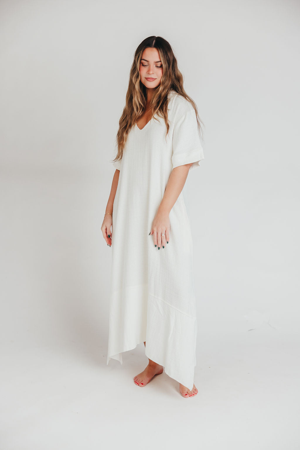 Fallon Linen-Blend Collared Midi Dress in Ivory - Bump Friendly