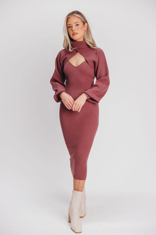 Jodie Sweater Midi Dress with Detachable Bolero in Mauve