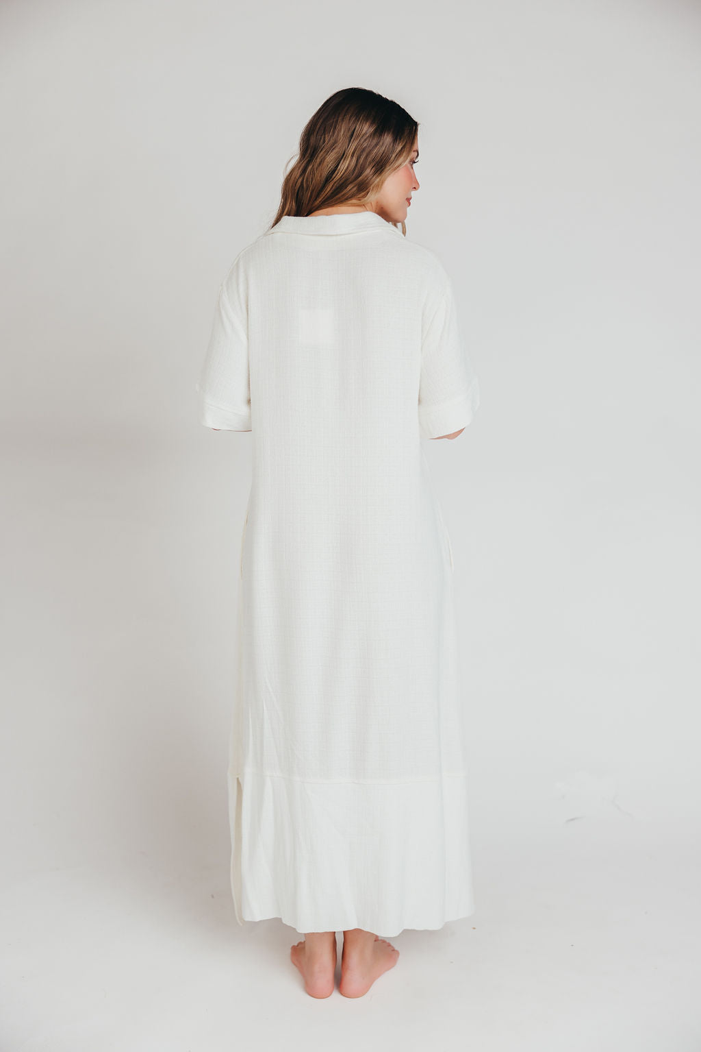 Fallon Linen-Blend Collared Midi Dress in Ivory - Bump Friendly