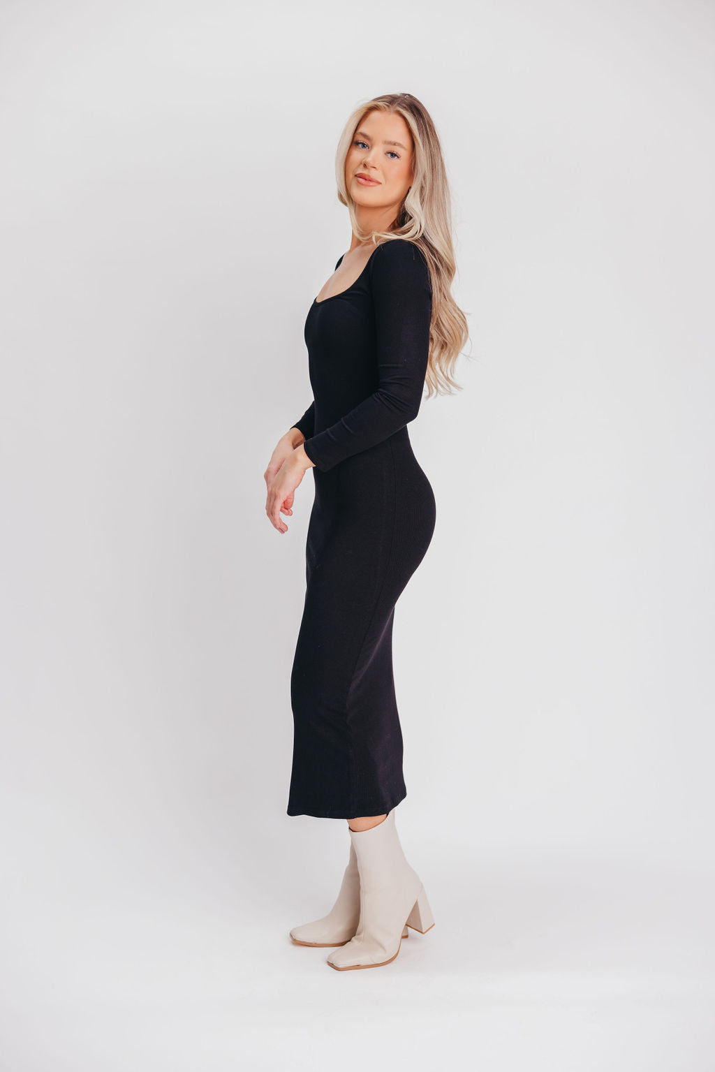 Tessa Ribbed Square Neck Midi Dress with Long Sleeves in Black