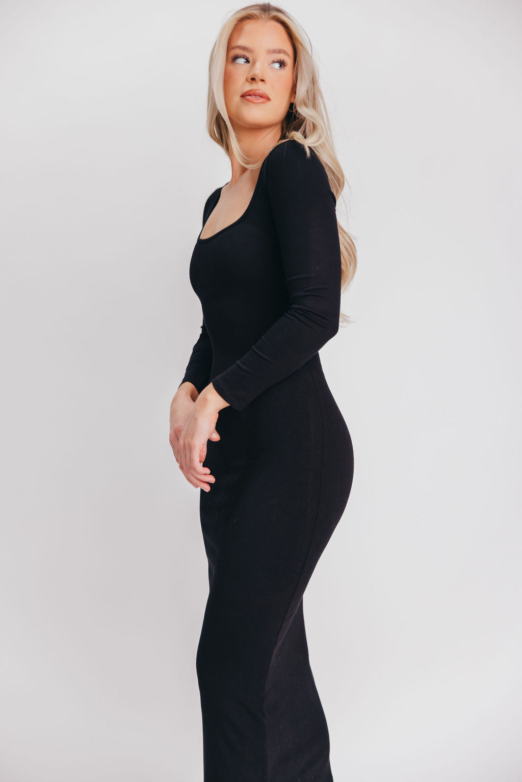 Tessa Ribbed Square Neck Midi Dress with Long Sleeves in Black