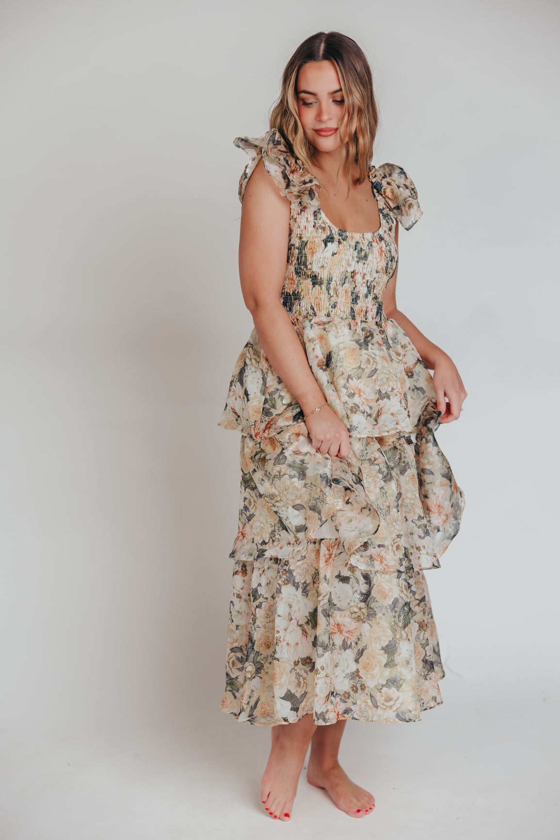 Forever & Always Midi Dress in Champagne Floral - Inclusive Sizing (S-3XL)