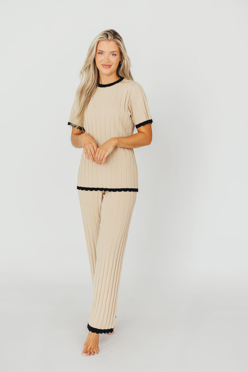 Adele Ribbed Knit Top and Pants Set in Light Taupe