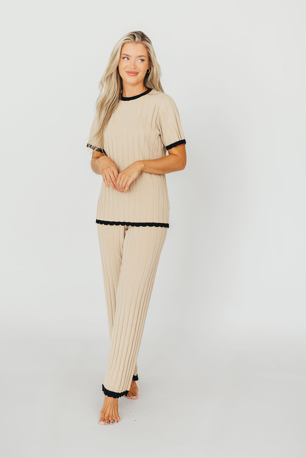 Adele Ribbed Knit Top and Pants Set in Light Taupe