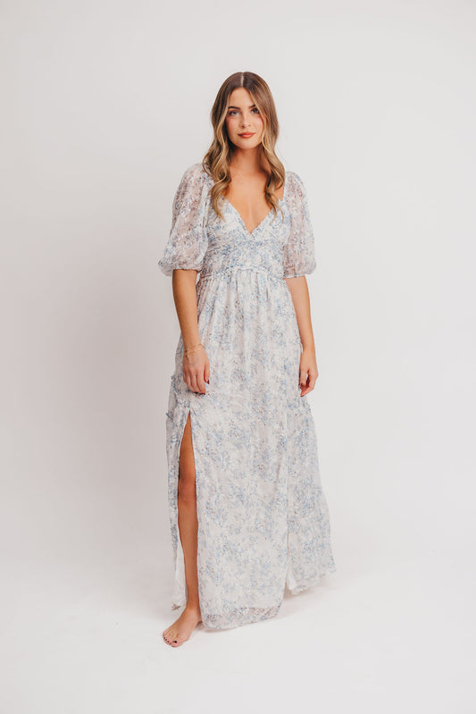 Daphne High Slit Eyelet Detail Maxi Dress in Blue and White Floral - Bump Friendly ✨SALE DRESS OF THE WEEK $20 OFF✨ Inclusive Sizing (S-3XL)