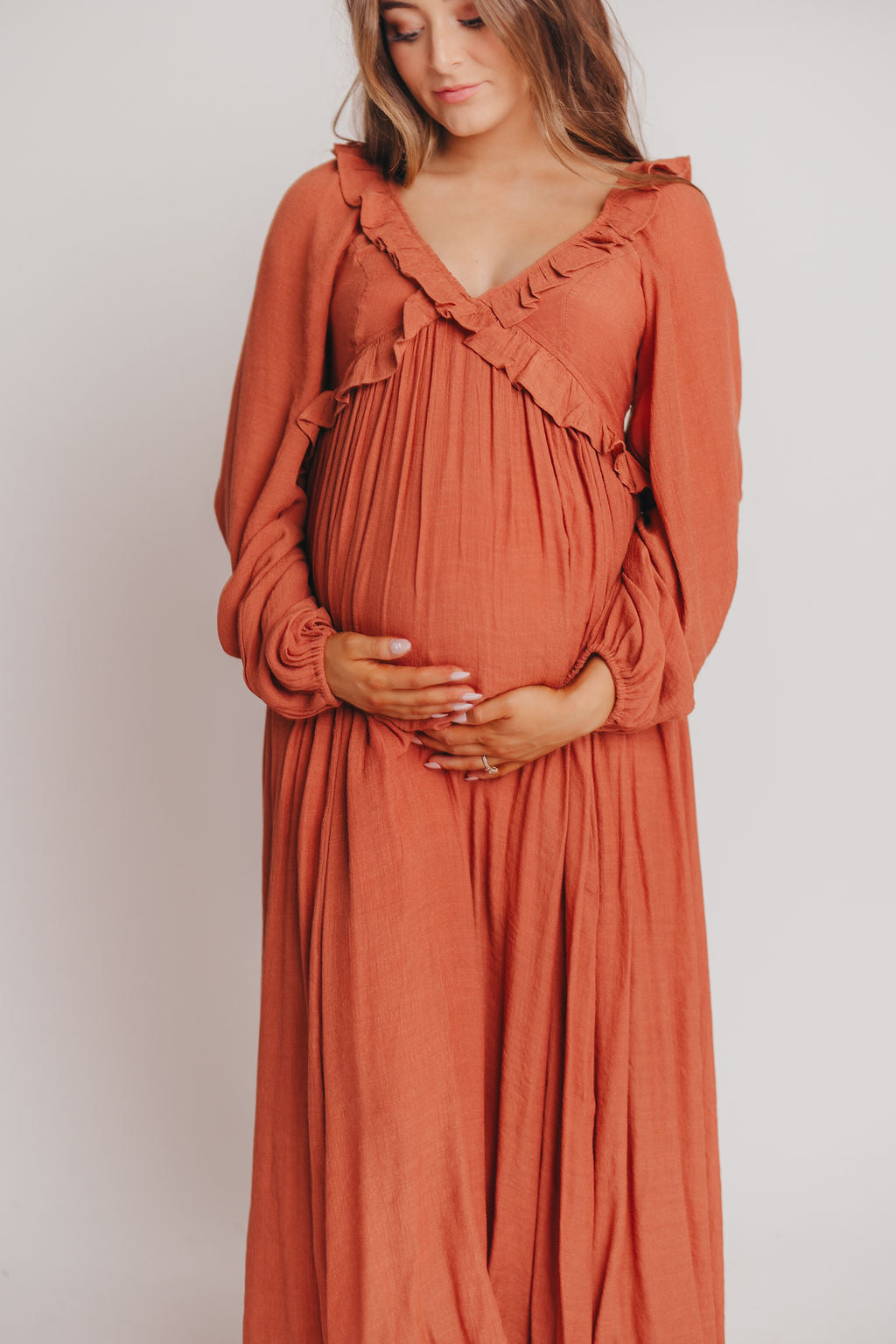 FINAL FEW! Let It Be Ruffled Maxi Dress with Plunging Neckline in Terracotta - Bump Friendly - INCLUSIVE SIZING S-2XL (Cannot Restock)