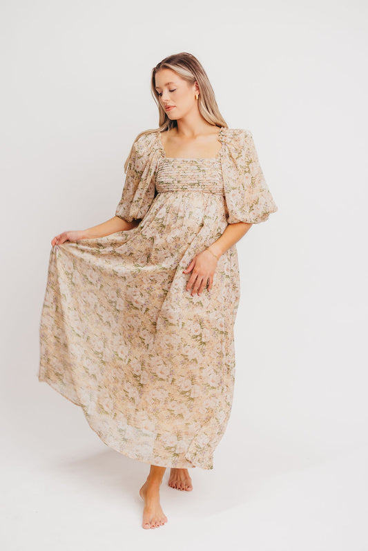 Melody Maxi Dress with Pleats and Bow Detail in Autumn Floral - Bump Friendly & Inclusive Sizing (S-3XL) (Sale Dress of the Week $40 off!)