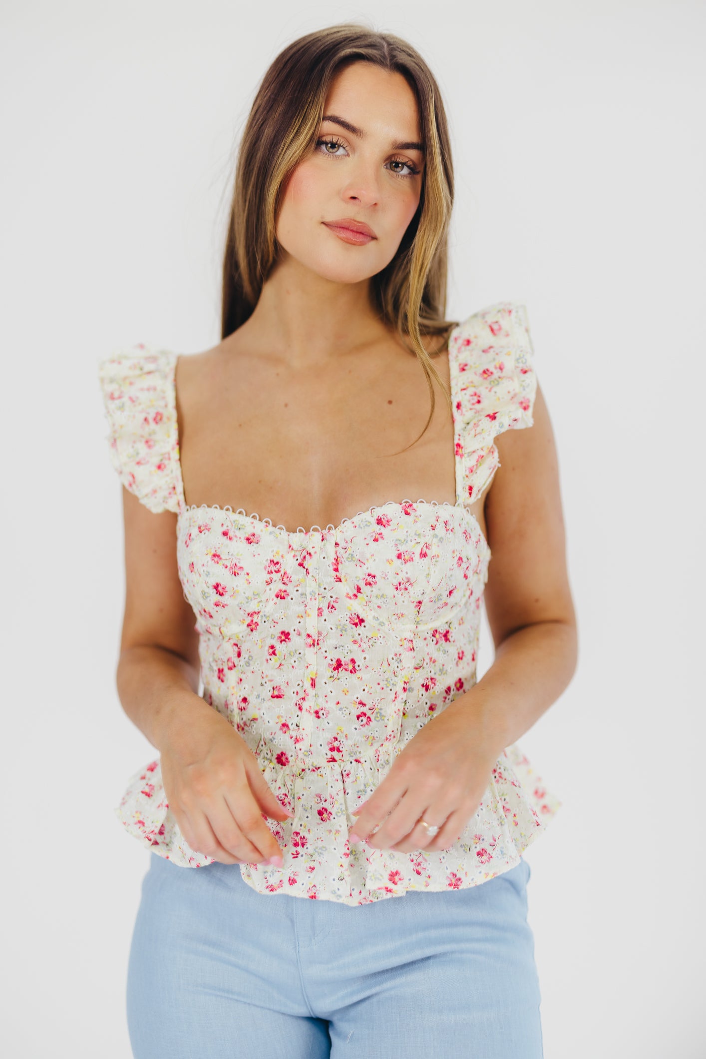 Baylin Peplum Top in White/Red Floral