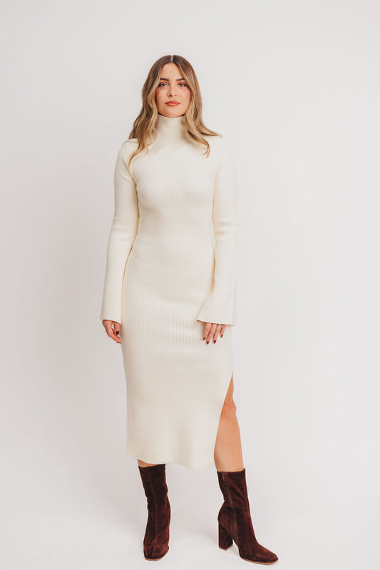 Hayden Mock Neck Ribbed Maxi Dress in Cream