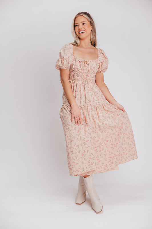 Catherine 100% Cotton Prairie Midi Dress in Dark Blush/Pink Ditsy Floral - Cannot Restock