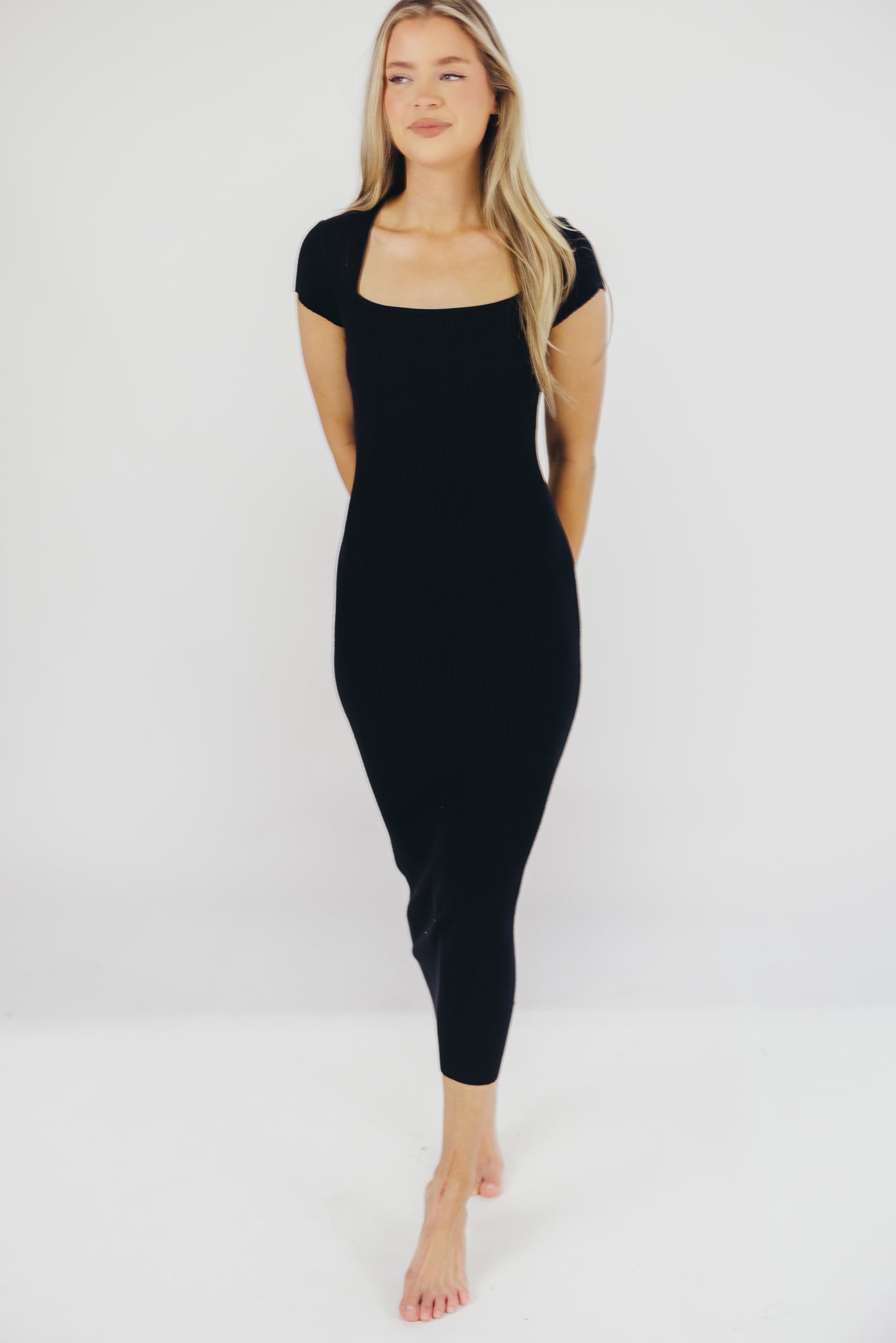 Wren Ribbed Knit Maxi Dress with Square Neckline in Black (XS-XL) - Wo ...