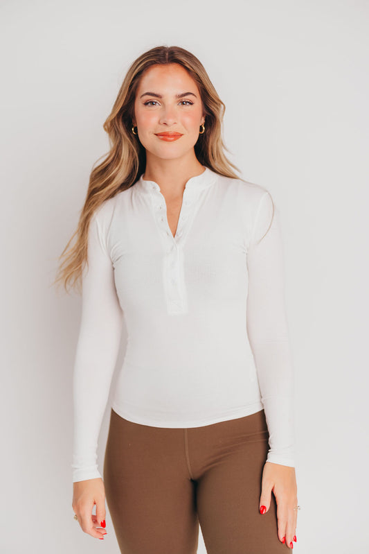 Worth the Label Button-Front Henley Top in White