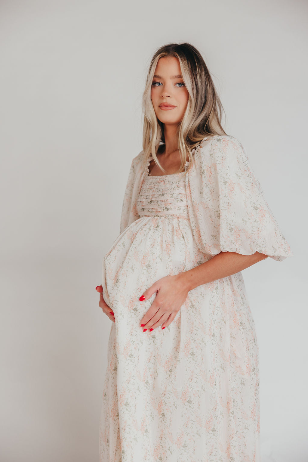 Melody Maxi Dress with Pleats and Bow Detail in Blush Floral - Bump Friendly & Inclusive Sizing (S-3XL)