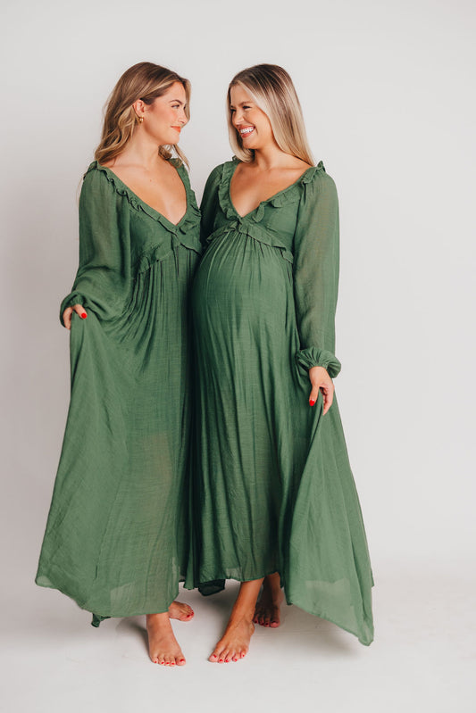 Let It Be Ruffled Maxi Dress with Plunging Neckline in Evergreen - Bump Friendly Low Stock (Cannot Restock)