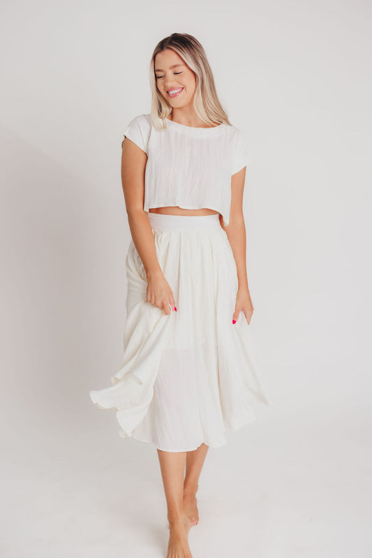 Llanes Cropped Top and Midi Skirt Set in White - Bump Friendly
