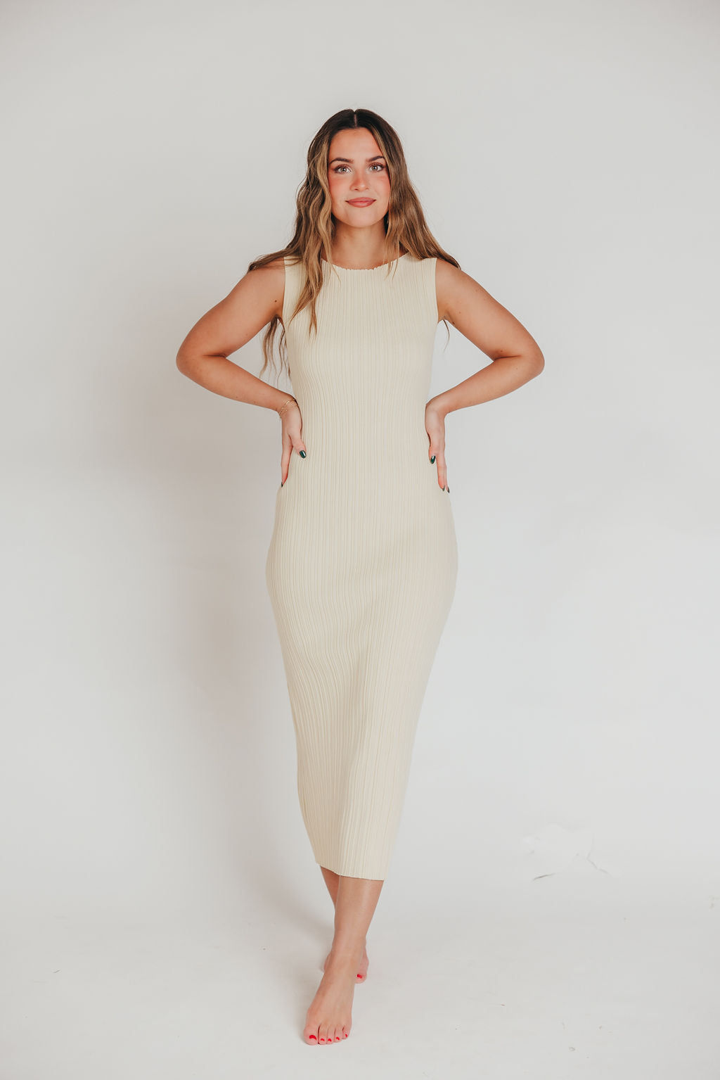 Falling For You Patterned Rib Knit Midi Dress in Butter