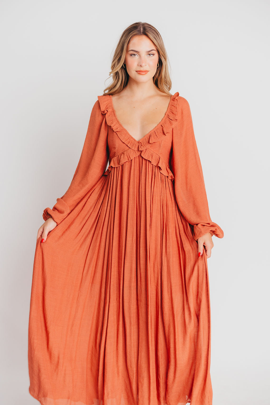 FINAL FEW! Let It Be Ruffled Maxi Dress with Plunging Neckline in Terracotta - Bump Friendly - INCLUSIVE SIZING S-2XL (Cannot Restock)