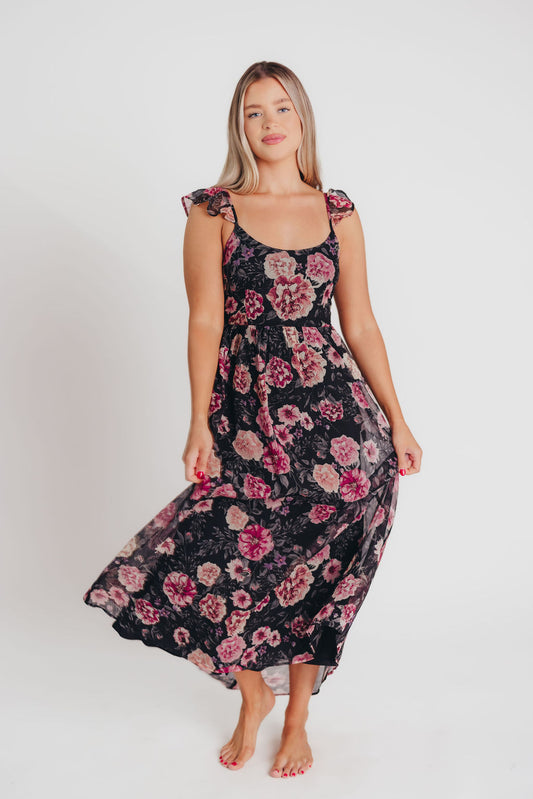 Tuva Flutter Sleeve Maxi Dress in Black Rose