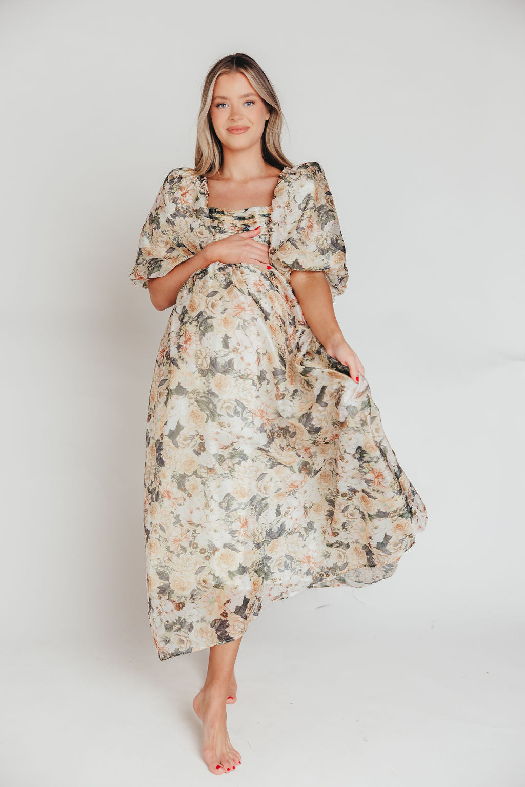 Melody Maxi Dress with Pleats and Bow Detail in Champagne Floral - Bump Friendly & Inclusive Sizing (S-3XL)