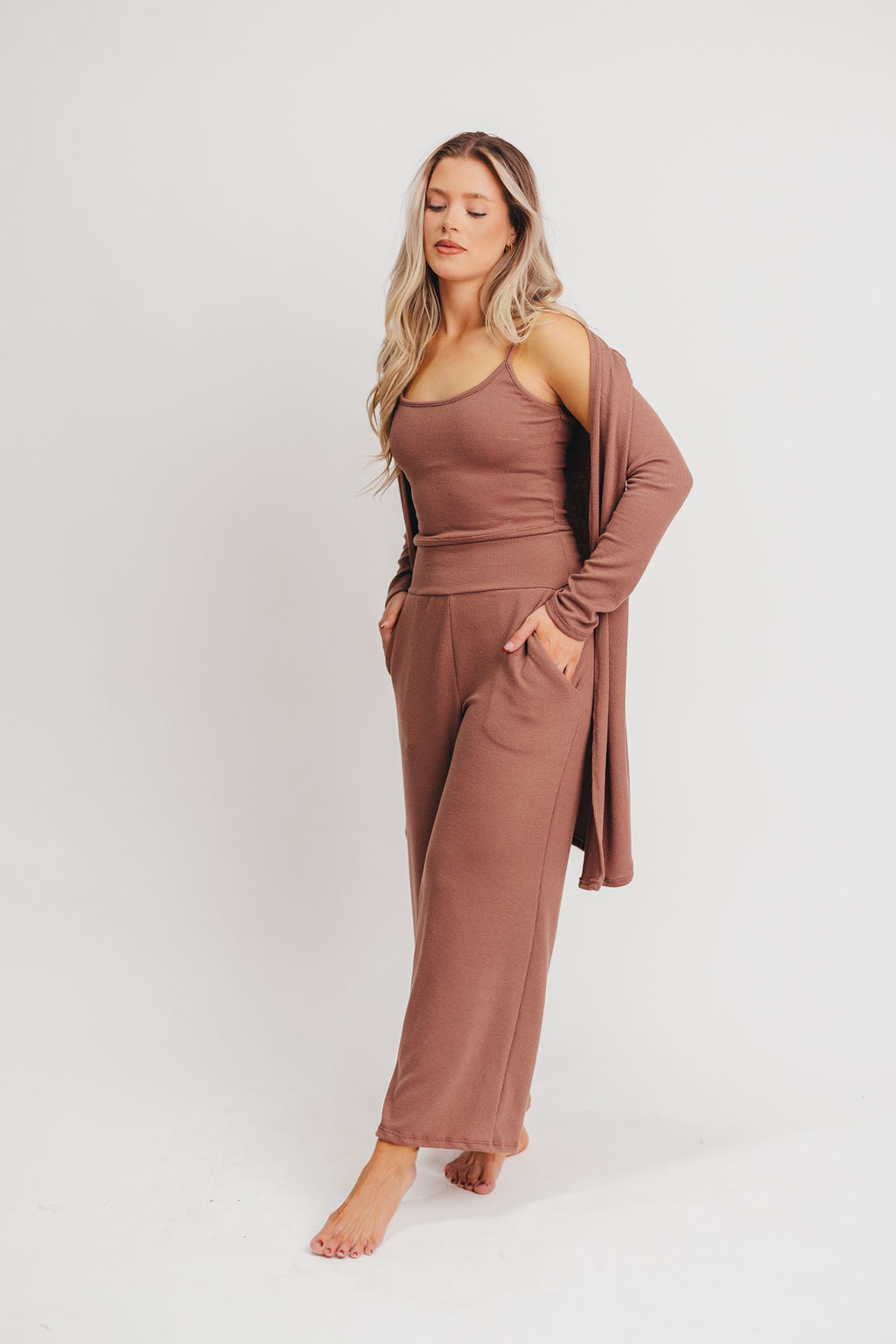 Birdie Ribbed Tank and Wide Leg Pant Set in Brown - Inclusive Sizing (S-2X)