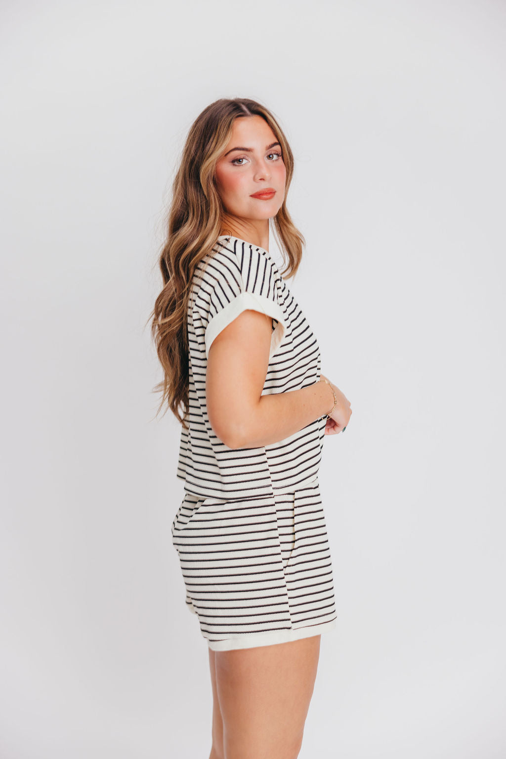 Ramona Textured Knit Top in White/Black Stripe (bottoms sold separately)