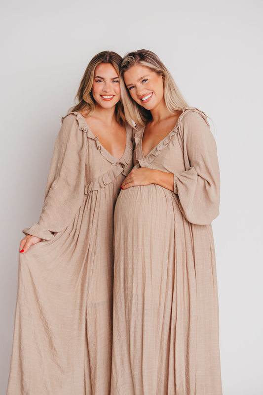 S-3XL - Let It Be Ruffled Maxi Dress with Plunging Neckline in Sand - Bump Friendly - Sign up for Restocks (Ships in Early Oct)