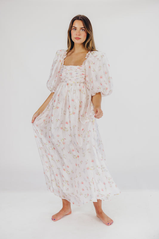 Melody Maxi Dress with Pleats and Bow Detail in Pink Rose Floral - Bump Friendly & Inclusive Sizing (S-3XL) ($40 OFF THIS WEEK)