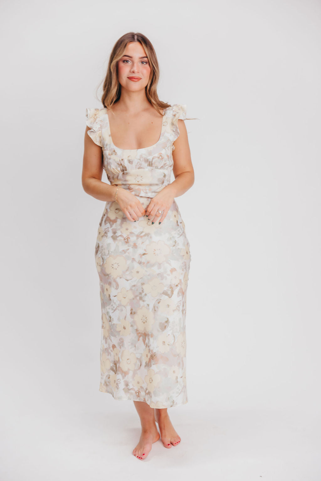 Pisa Floral Chiffon Midi Dress with Ruffle Shoulder in Champagne
