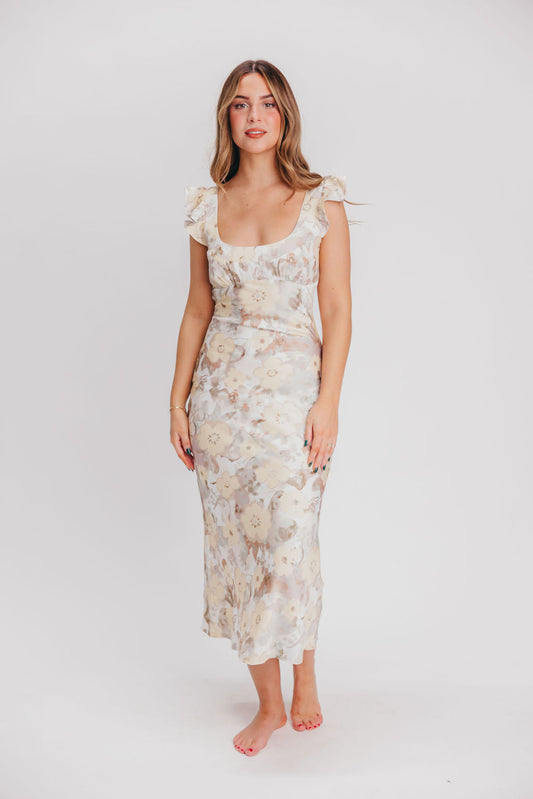 Pisa Floral Chiffon Midi Dress with Ruffle Shoulder in Champagne