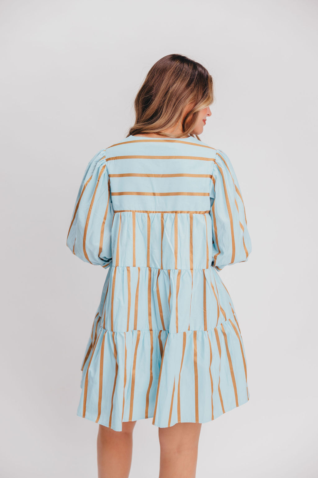 Striped Blouson Mini Dress in Multi Blue