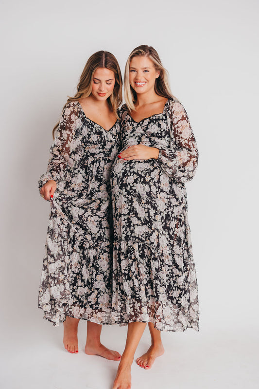 Yoru Chiffon Floral Midi Dress in Black