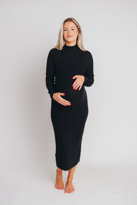 Brie Ribbed Knit Mock-Neck Midi Sweater Dress in Black - Bump Friendly