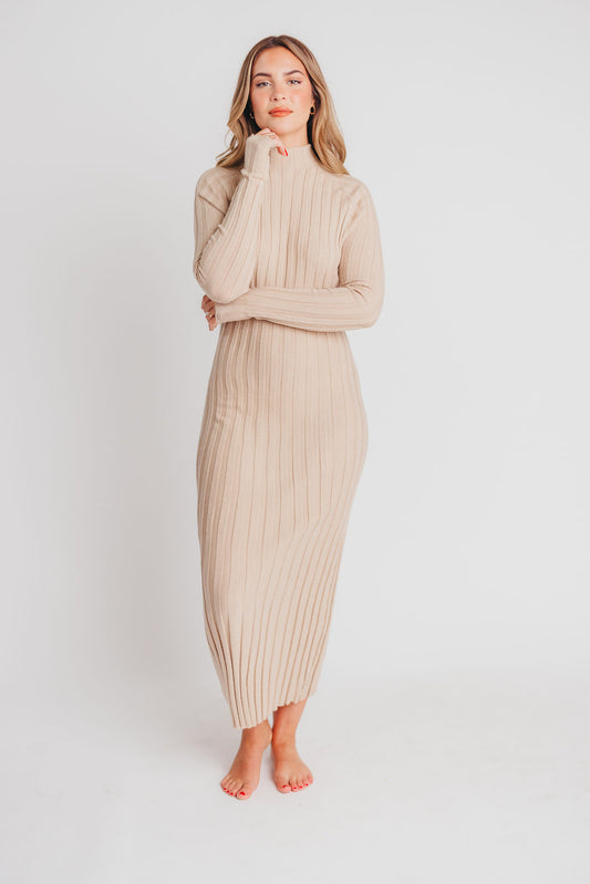 Brie Ribbed Knit Mock-Neck Midi Sweater Dress in Almond - Bump Friendly