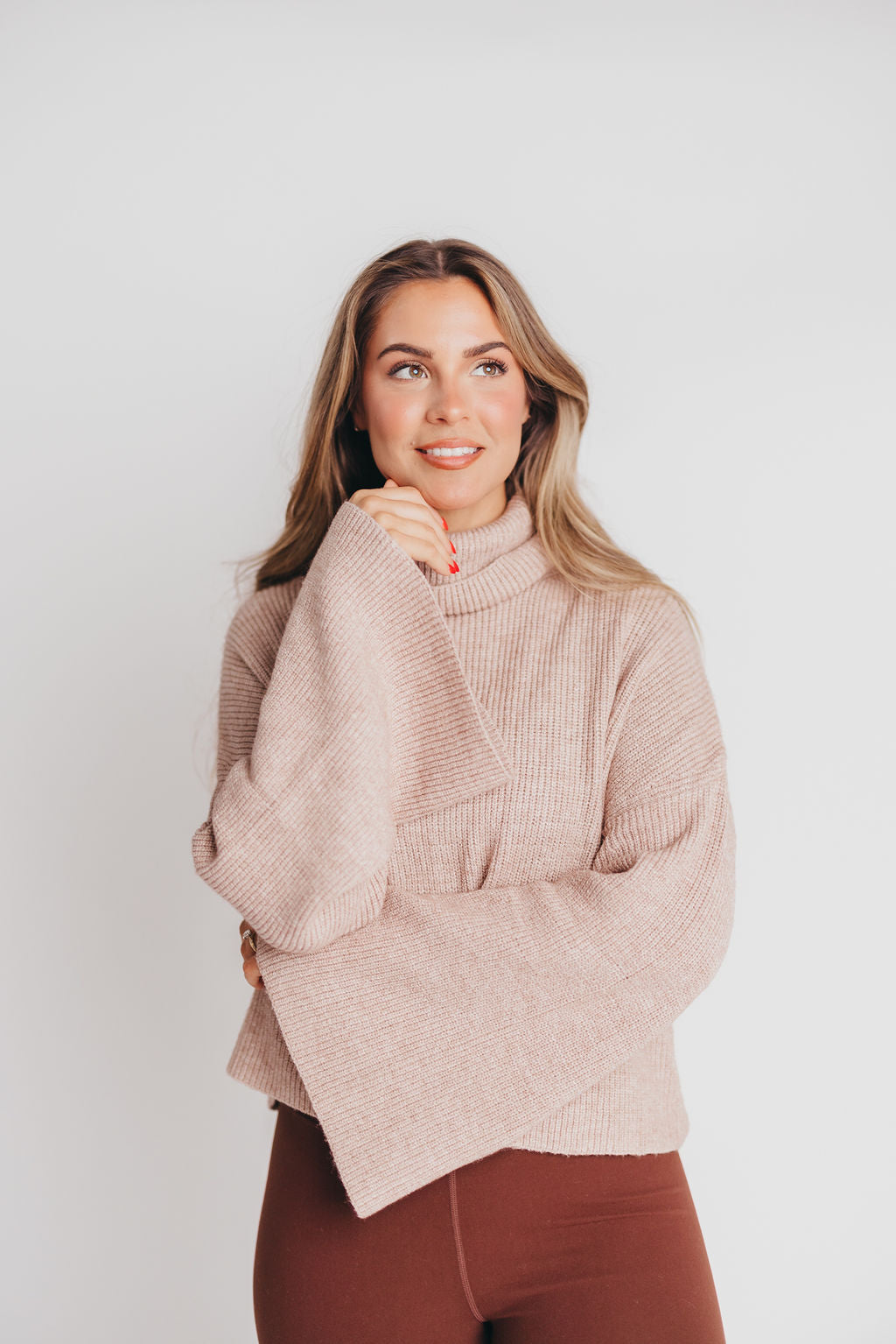 Calla Bell-Sleeve Turtleneck Sweater in Mocha