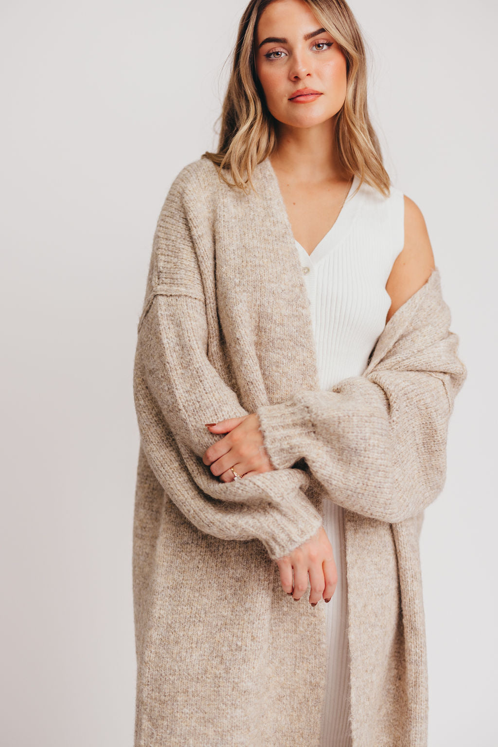– Oversized Edge Worth in Amelia Oatmeal Collective Cardigan Rolled