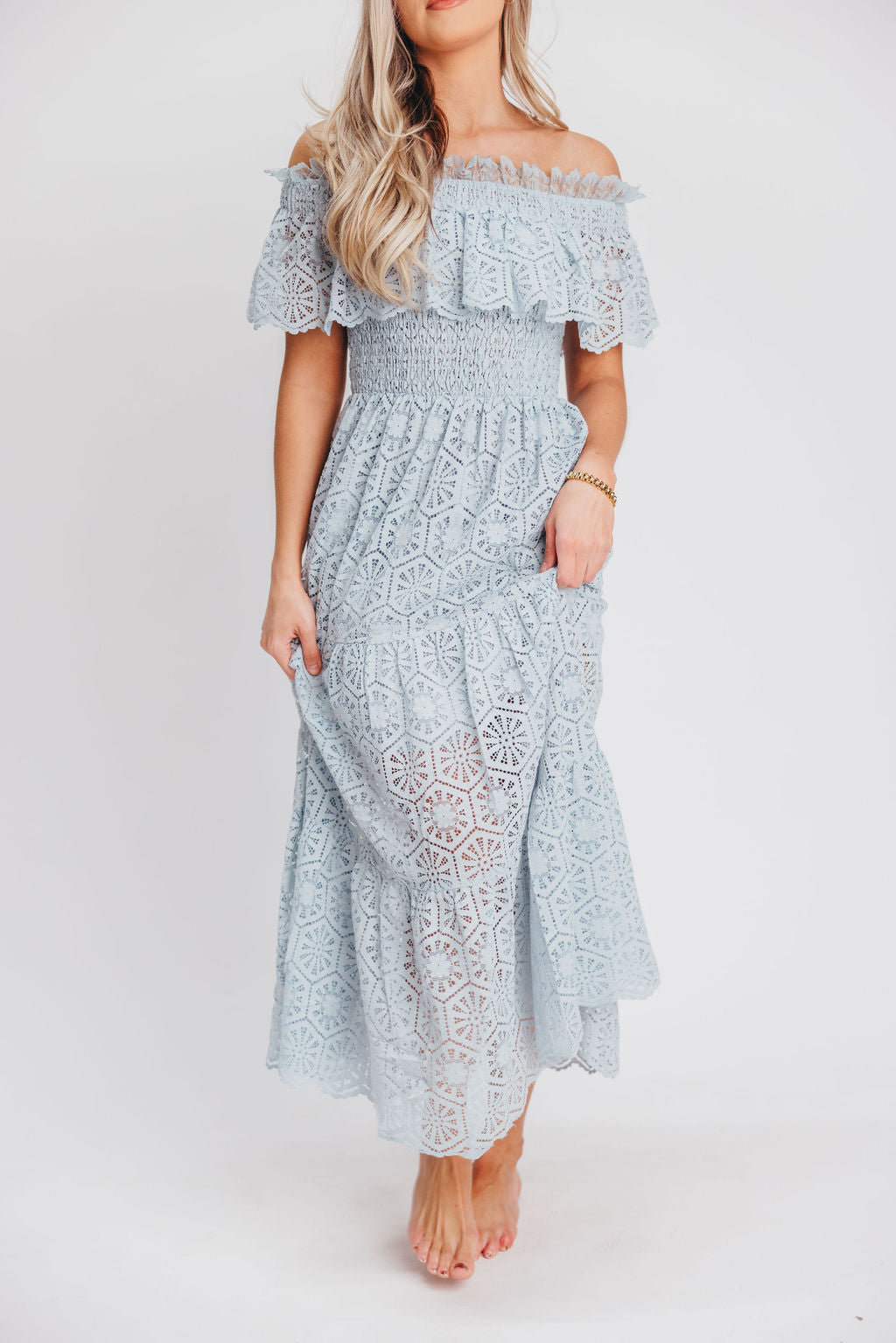 Rhys Smocked Off the Shoulder Midi Dress in Blue Lace Worth