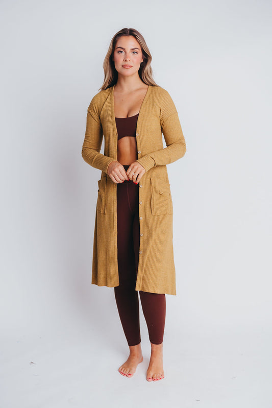 Kennedy Long Sleeved Ribbed Cardigan Dress in Light Camel - Bump Friendly