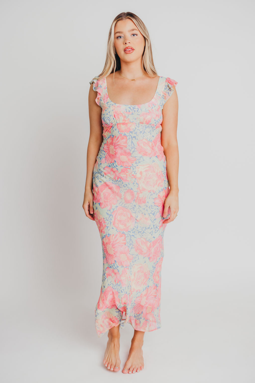 Pisa Floral Chiffon Dress with Ruffle Shoulder in Blue/Pink