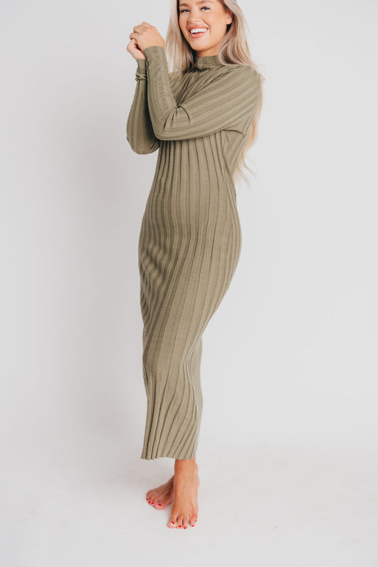 Brie Ribbed Knit Mock-Neck Midi Sweater Dress in Dark Olive - Bump Friendly