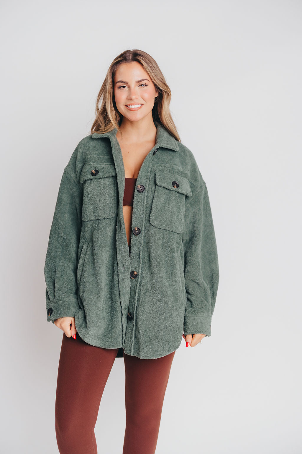 Premium Worth Collective Teddy Shacket in Evergreen