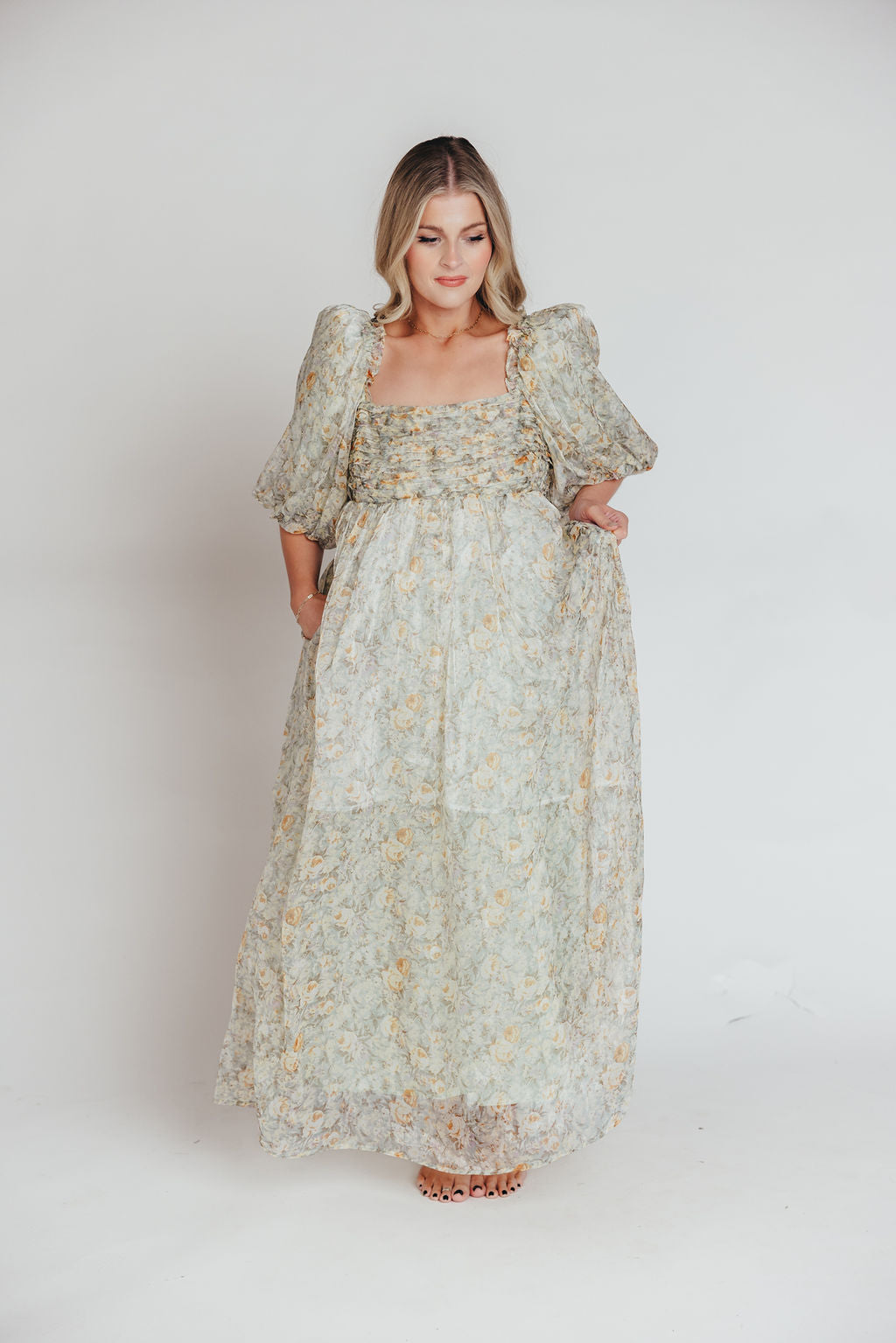 Melody Maxi Dress with Pleats and Bow Detail in Sage Floral - Bump Friendly & Inclusive Sizing (S-3XL)