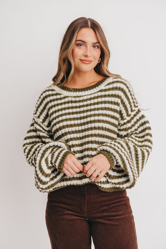 Ivan Striped Cropped Knit Sweater in Olive