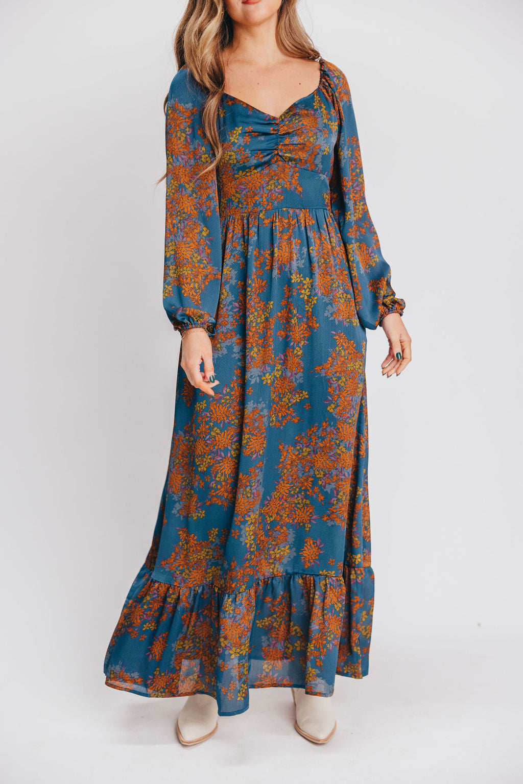 Emmy Sweetheart Neckline Maxi Dress in Teal / Mustard Floral - Bump Friendly - Inclusive Sizing (XS-3XL)