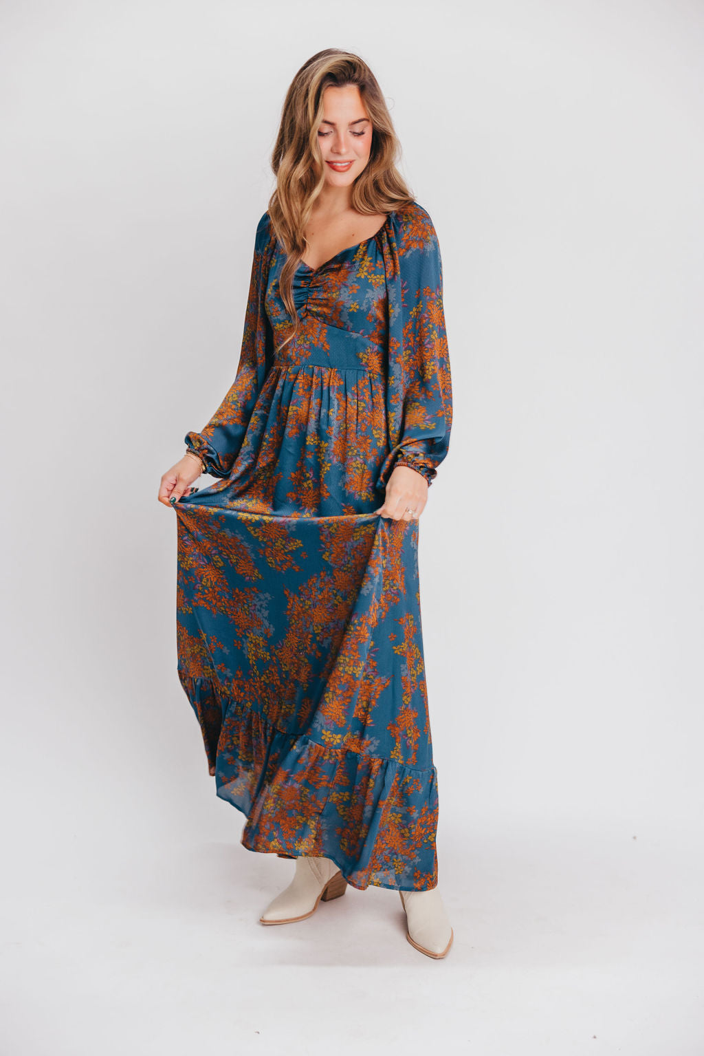 Emmy Sweetheart Neckline Maxi Dress in Teal / Mustard Floral - Bump Friendly - Inclusive Sizing (XS-3XL)