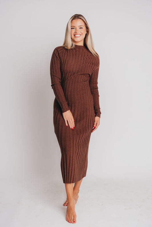Brie Ribbed Knit Mock-Neck Midi Sweater Dress in Chestnut - Bump Friendly