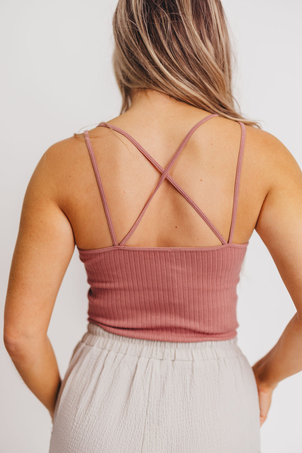 Glow Up Cross Back Ribbed Tank in Chestnut Rose