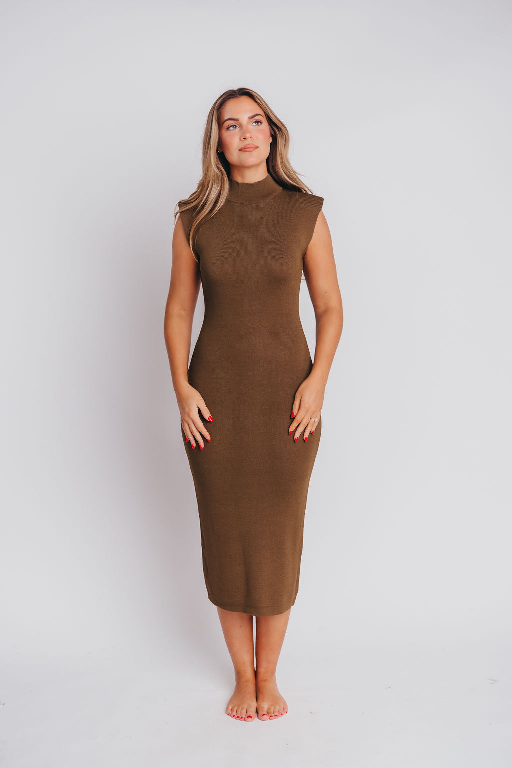 Alistaire Mock Neck Knit Dress in Earth Mud - Bump friendly