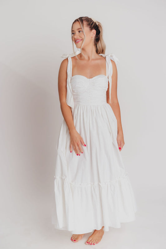 Thalia Ruched Midi Dress with Tie Shoulder in White - Bump Friendly