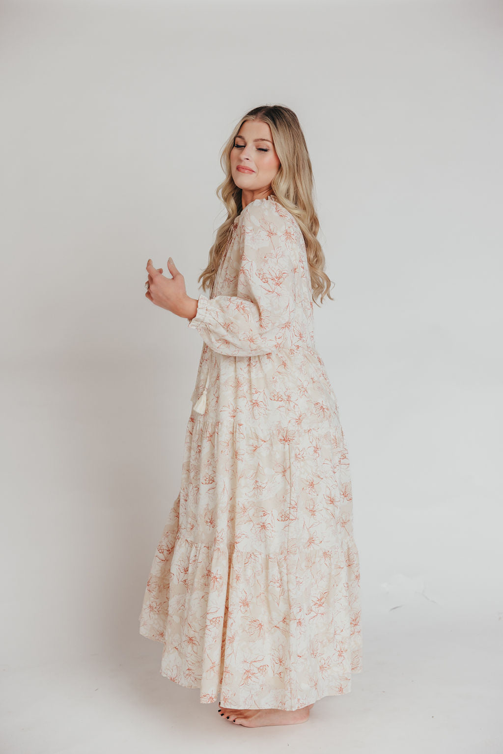 Mallory Long-Sleeved Maxi Dress with Tassel in Terracotta Floral - Bump Friendly - Inclusive Sizing (S-3XL)