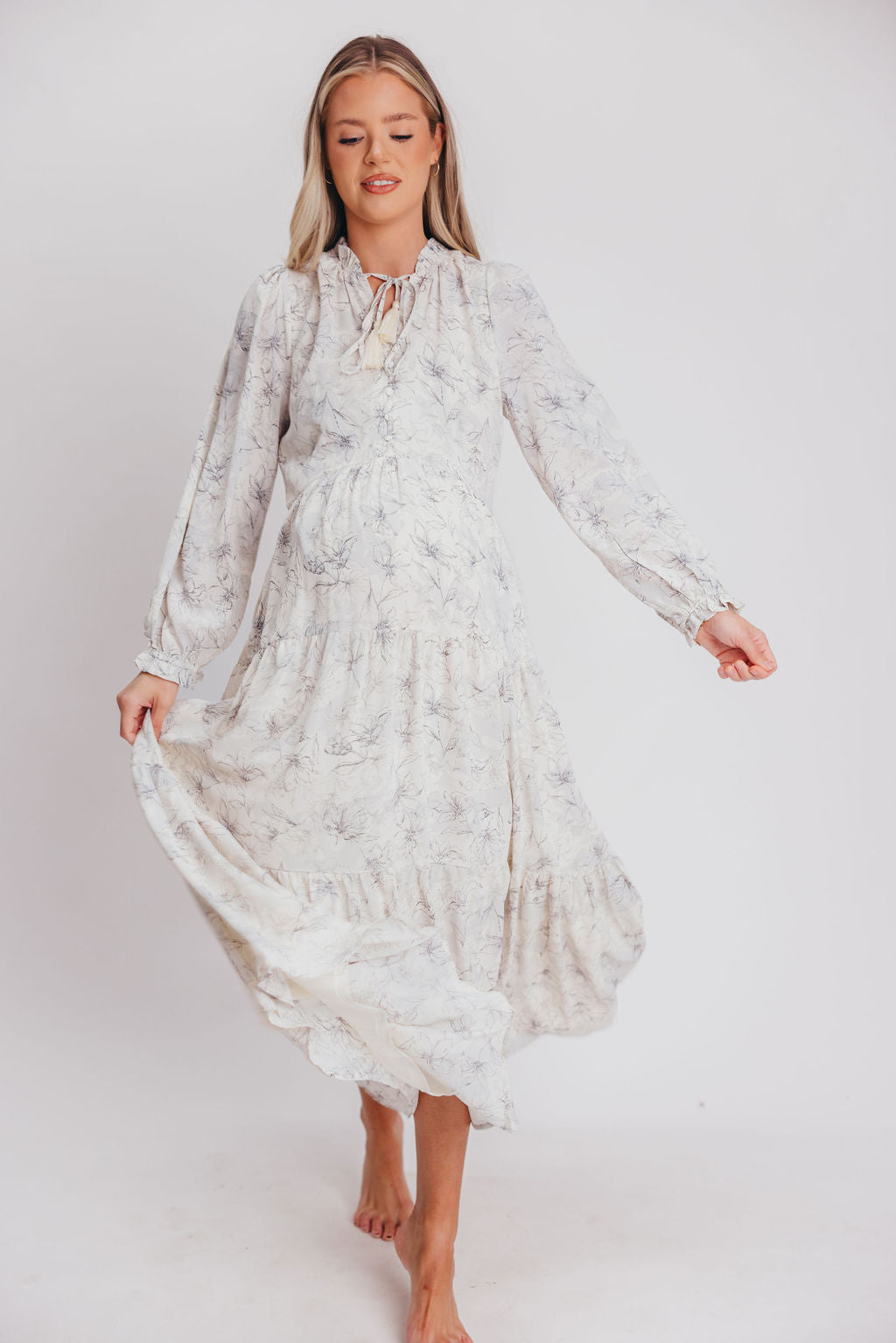 Mallory Long-Sleeved Maxi Dress with Tassel in Grey Floral - Bump Friendly - Inclusive Sizing (S-3XL)